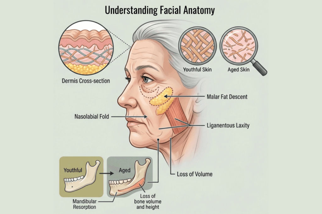 Understanding facial anatomy graphic for facelift surgery at Integrated Aesthetics in Spring, TX. 
