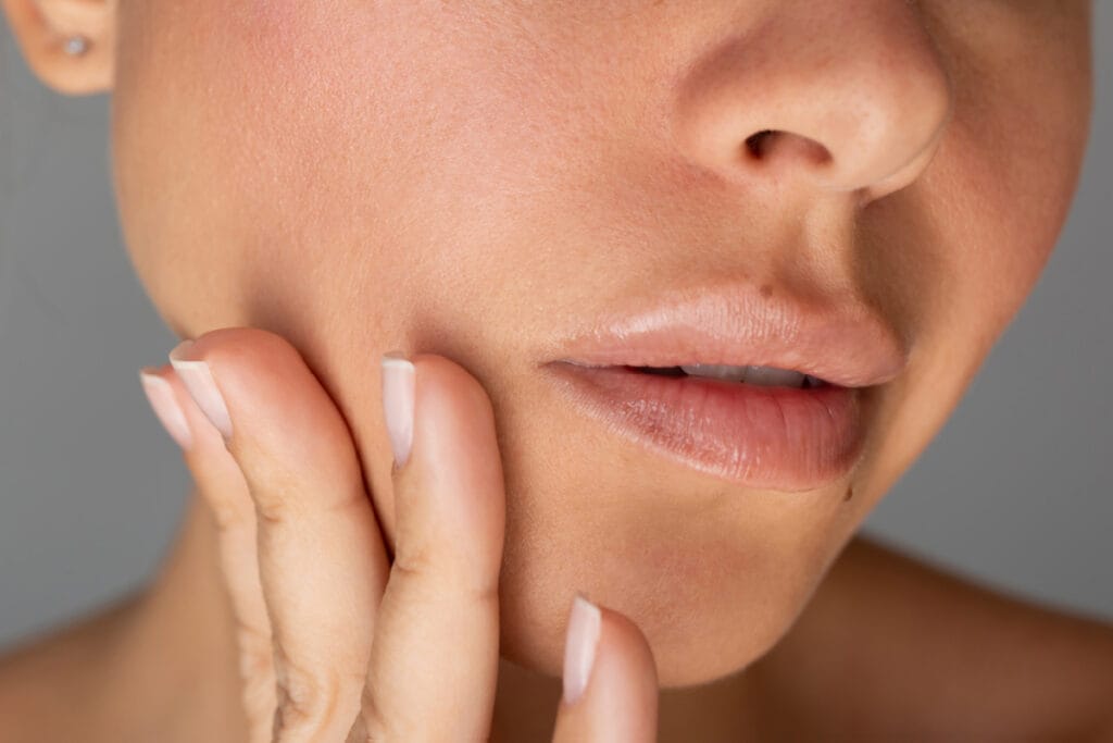 Close up of woman touching skin